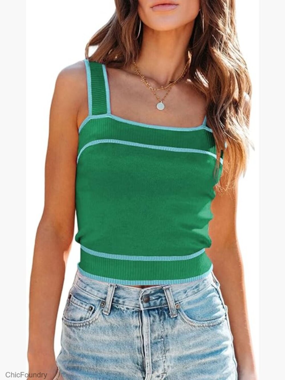 Slim Fit Square Neck Knit Crop Tank Top Y2K Color Block Sleeveless